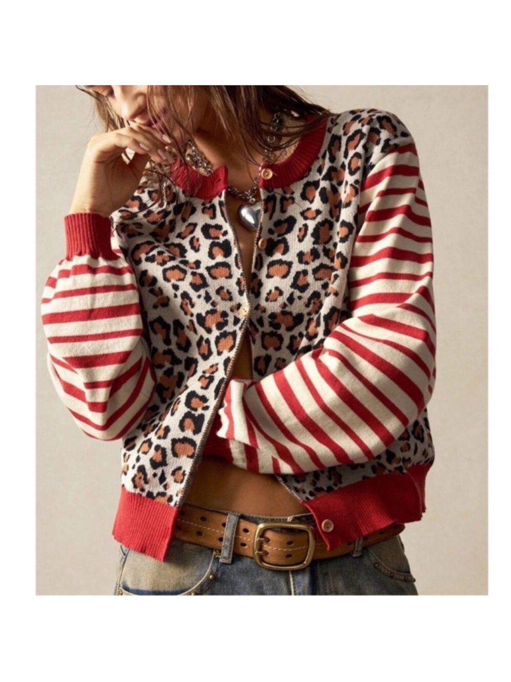 Leopard Print Button Down Striped Loose Fit Cardigan S M L new